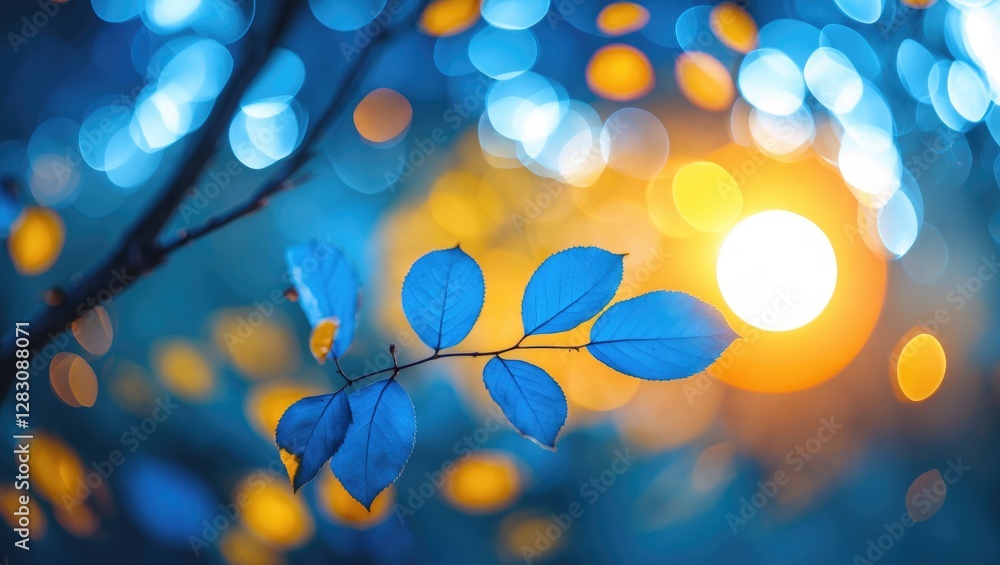 Poster blue leaves with soft bokeh effect and warm sunlight background in a natural setting during golden h