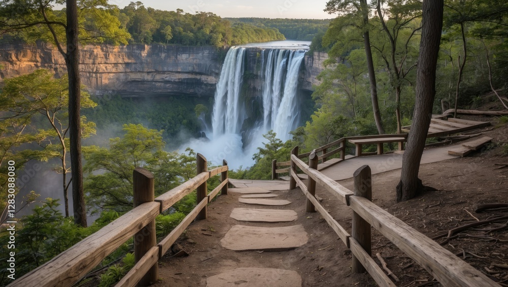 Poster scenic view of a waterfall cascading into a lush green forest with a walking path and wooden railing