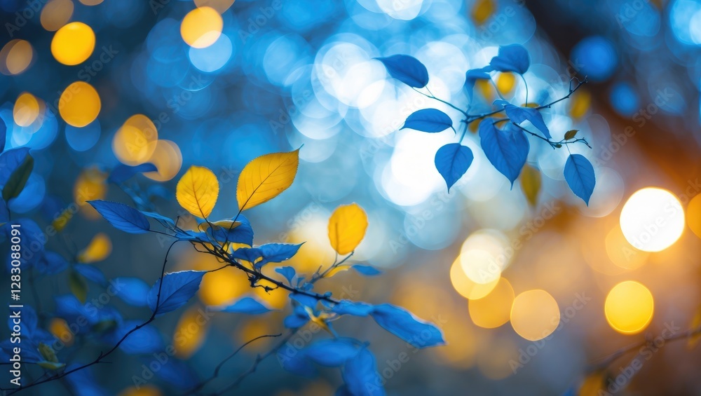 Poster blue and yellow leaves on branches with blurred bokeh background of soft light circles in natural se