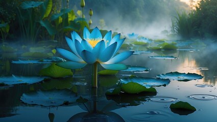 Blue lotus flower on calm water surface surrounded by green leaves in misty atmosphere during sunrise