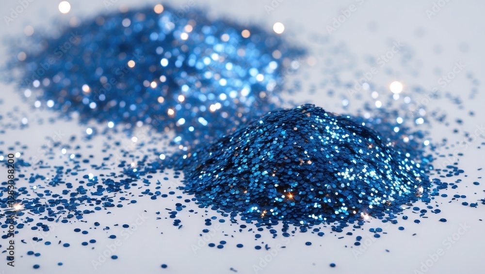 Poster blue glitter piles shimmering on a white surface with sparkling highlights and scattered particles i