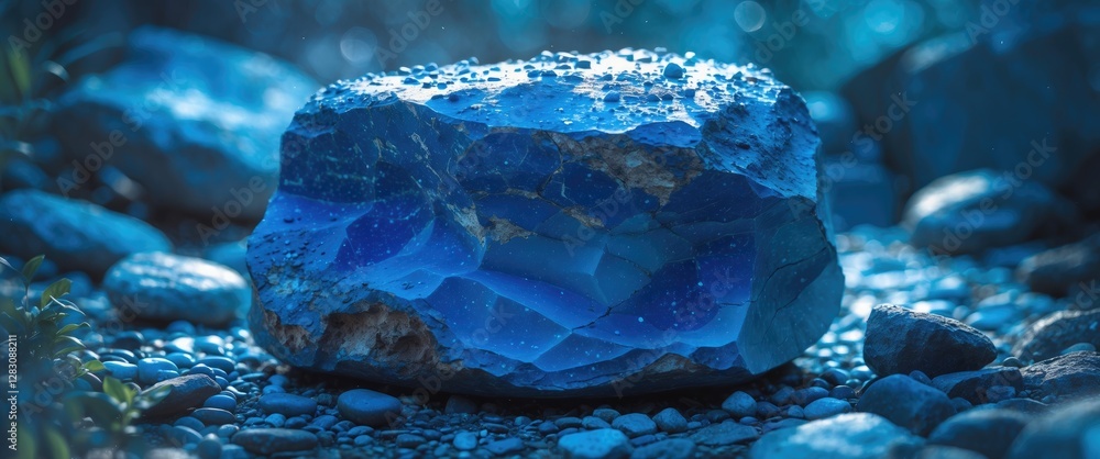 Poster blue crystal rock formation with intricate layers and textures surrounded by pebbles in a natural se