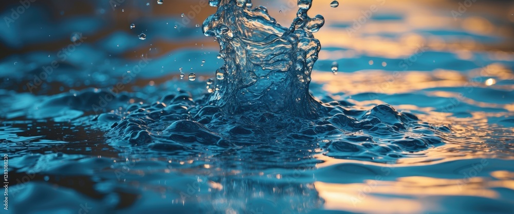 Poster close-up view of water splash creating ripples on surface with blurred background and warm light ref