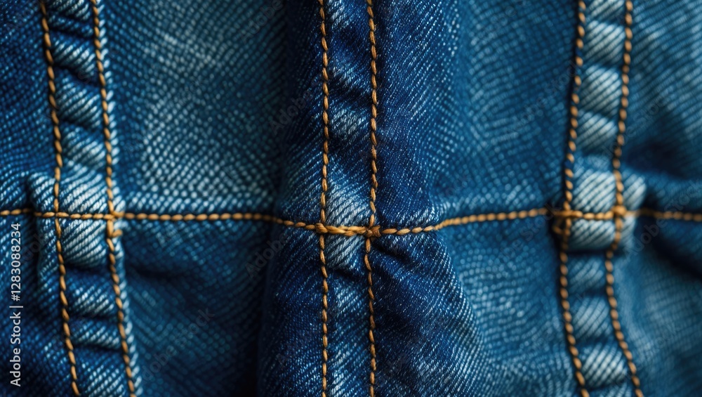 Poster close-up of blue denim fabric with visible stitching patterns and texture details