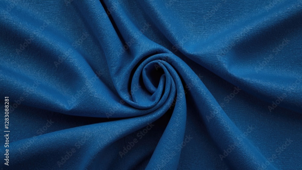 Poster blue textile fabric close-up displaying intricate texture and smooth finish in a rolled or wavy form