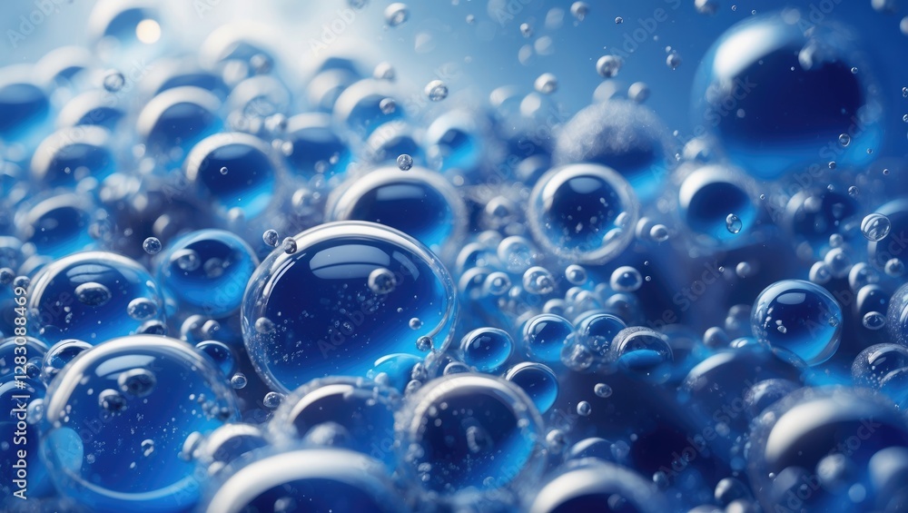 Poster close-up of blue water droplets and bubbles with a soft focus and a gradient background