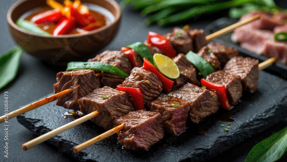 Poster grilled beef skewers with colorful vegetables on a slate platter with a bowl of dipping sauce in the