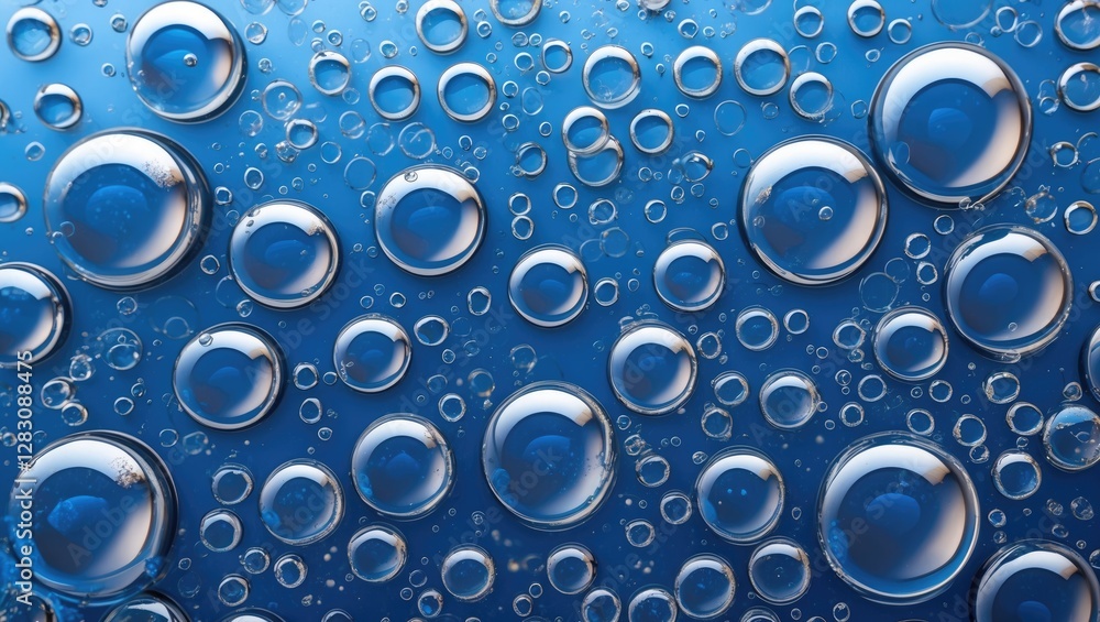 Aufkleber water droplets on a blue textured background with varying sizes of bubbles creating a clear and clea