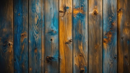 Fototapeta premium Colorful wooden wall background with blue and brown planks natural texture design Copy Space
