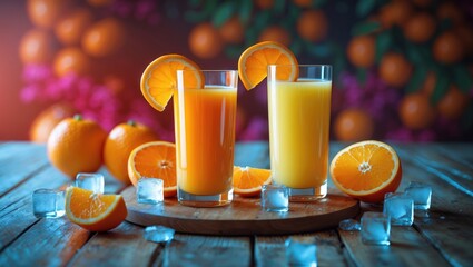 Fototapeta premium Freshly squeezed orange juices served in tall glasses with ice cubes and orange slices on a rustic wooden table with vibrant fruit background Copy Space