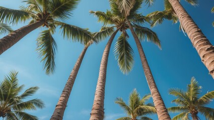 Palm trees against a clear blue sky with sunlight filtering through the leaves creating a vibrant tropical atmosphere Copy Space