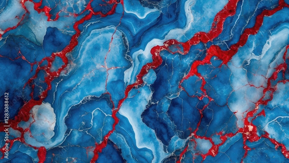 Poster blue and red abstract marble texture background with fluid patterns and natural stone appearance