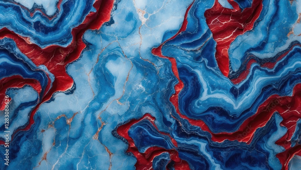 Poster blue and red abstract marble texture with layered patterns resembling natural stone surface