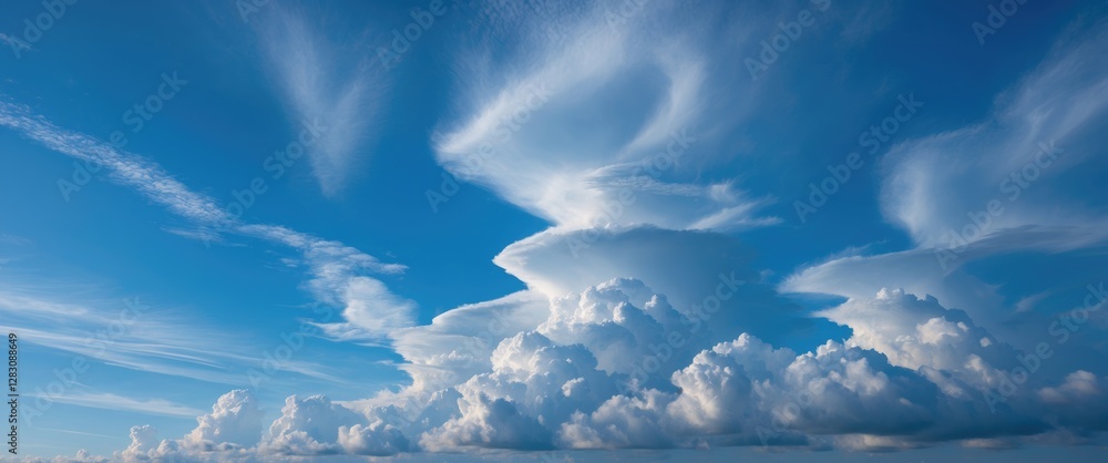 Poster dramatic cloud formations against a clear blue sky with wispy cloud patterns and soft sunlight creat