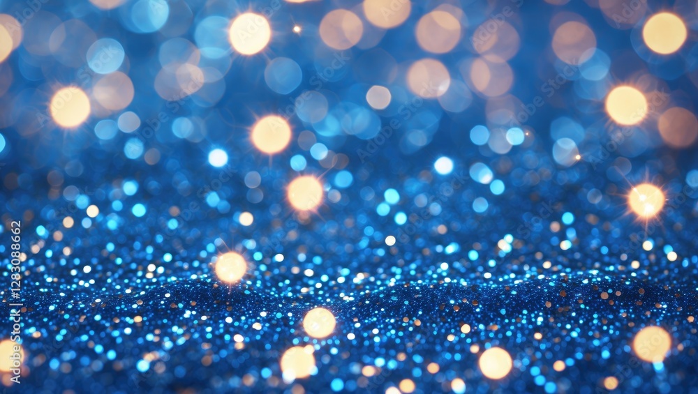 Poster blue glitter background with bokeh effect featuring soft glowing lights in various sizes illuminatin