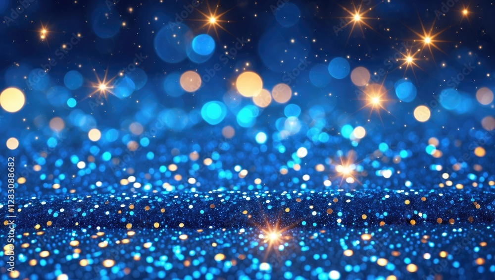 Poster blue glitter background with bokeh effect and shimmering golden stars in a soft focus setting.