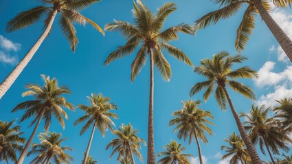 Fototapeta premium Palm trees against a bright blue sky with fluffy white clouds providing a tropical atmosphere and ample Copy Space for text placement