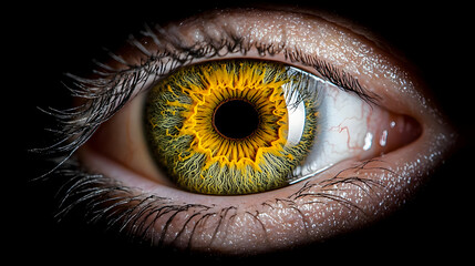 Close-up human eye, yellow iris, dark background, medical/science use