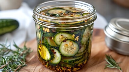 a classic kitchen storage glass jar packed with marinated green cucumbers in vinegar highlighting a traditional preservation method for fresh and organic pickled vegetables