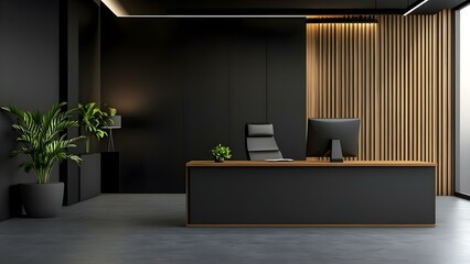 A modern office space featuring a sleek desk, ergonomic chair, computer, and decorative plants against a minimalist backdrop. Concept Modern Office Design, Ergonomic Furniture, Sleek Desks