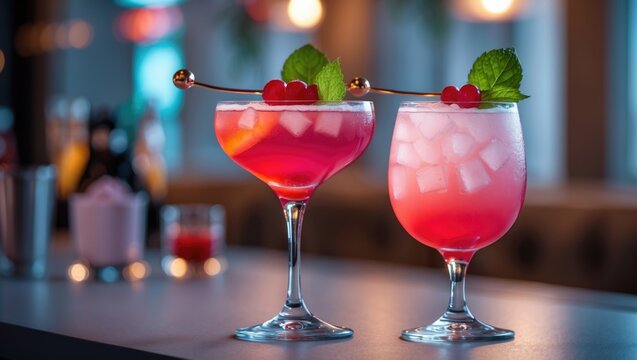 Colorful cocktails with garnishes served in elegant glasses on a bar counter with blurred background and soft lighting Copy Space