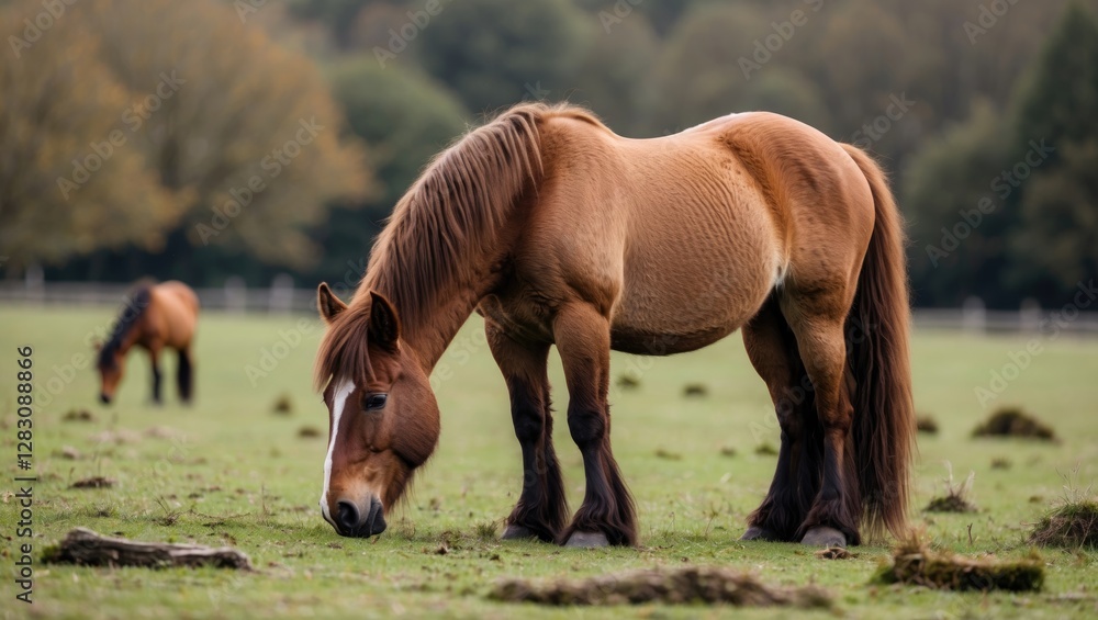 Poster brown horse grazing in a green meadow with blurred background of trees and another horse in a natura