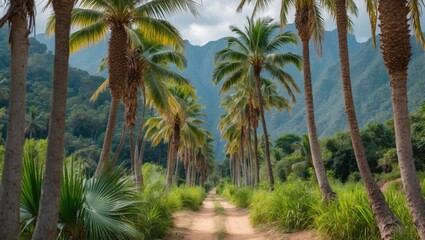 Fototapeta premium Lush palm tree lined pathway through tropical landscape with mountain backdrop and greenery surrounding dirt road Copy Space