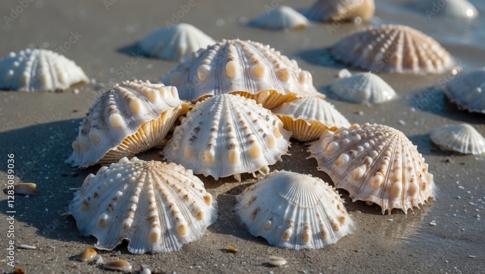 Aufkleber close-up of various seashells scattered on sandy beach displaying intricate patterns and textures un