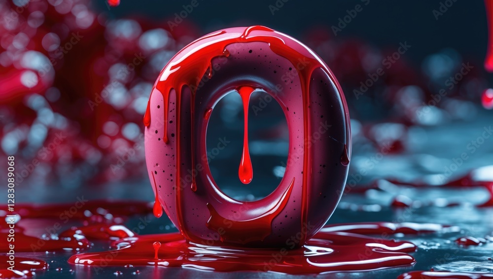 Aufkleber 3d rendered glossy number zero surrounded by red liquid with dripping effect on a dark background