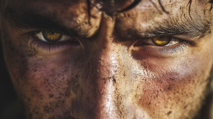 Create a deeply emotional and evocative close-up portrait of a soldier 