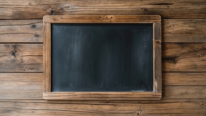 Wooden framed chalkboard on a rustic wooden background with no text or writing for educational or decorative use
