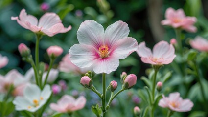Fototapeta premium Delicate pink flowers with soft petals and yellow center in a lush green garden setting with blurred background and copy space