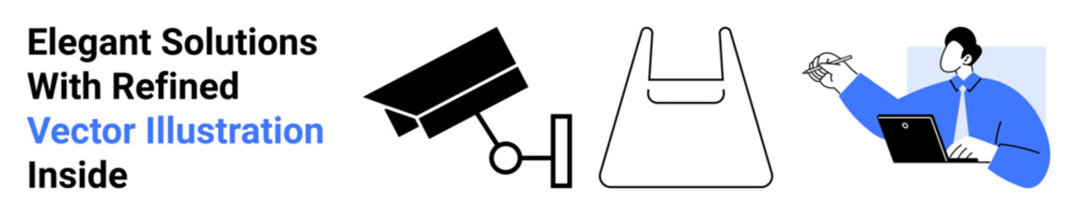 Security camera, plastic bag, and professional using a laptop symbolize surveillance, retail, and remote work. Ideal for tech, e-commerce, security, sustainability workspace trends innovation flat