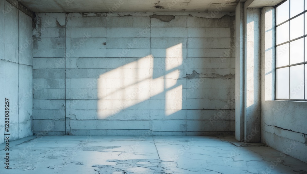 Poster empty industrial room with concrete walls and large windows casting shadows on the floor in soft nat