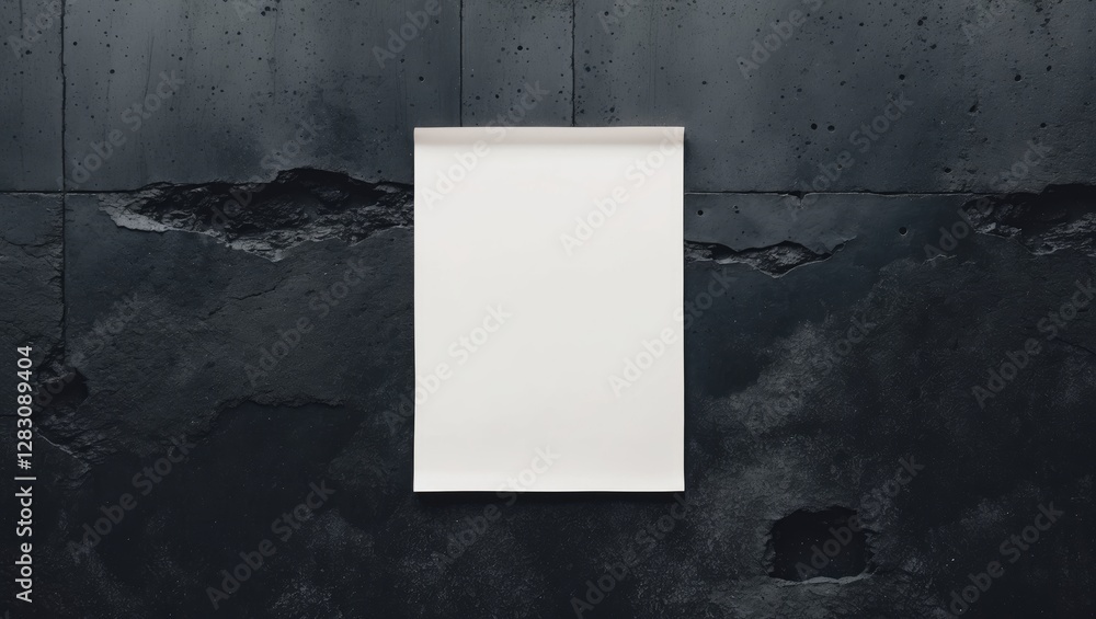 Poster blank sheet of paper attached to rough textured dark wall background with visible cracks and imperfe
