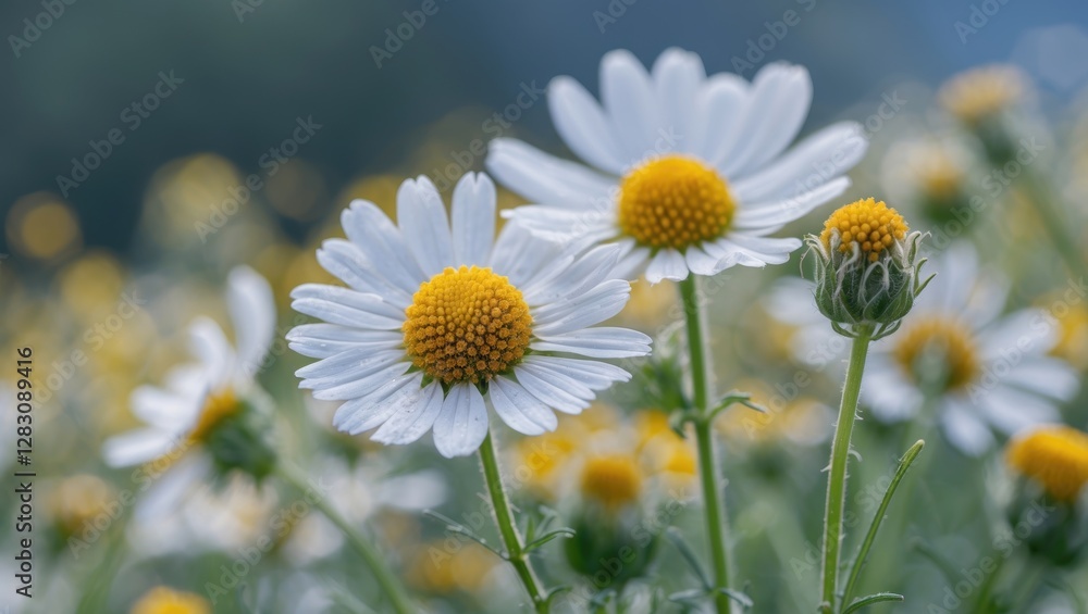 Poster close-up of white daisies with yellow centers in a blooming field with a blurred background and copy