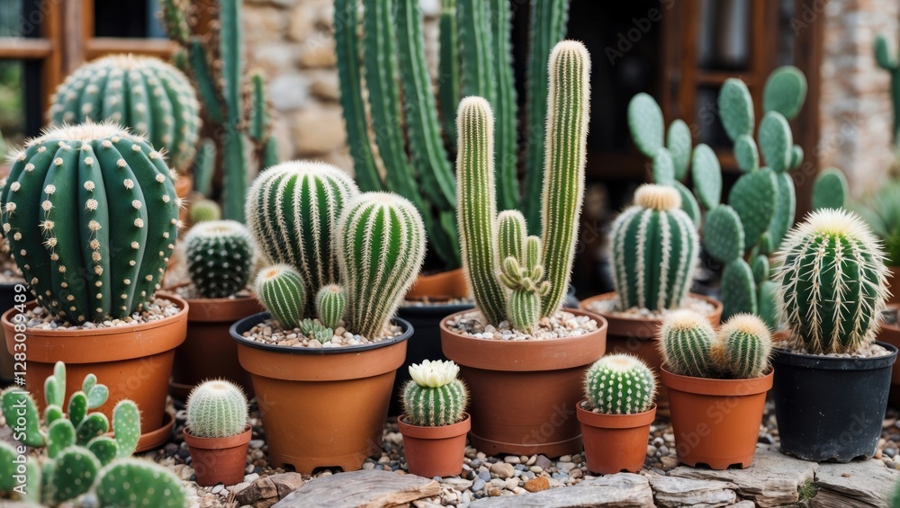 Poster variety of cacti in different sizes and shapes displayed in terracotta pots on a stone surface with 