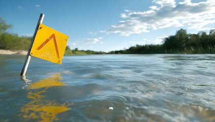 Yellow river marker sign indicating shallow water, with a tranquil river scene and lush green vegetation in the background. Ideal for travel, nature, or safety publications