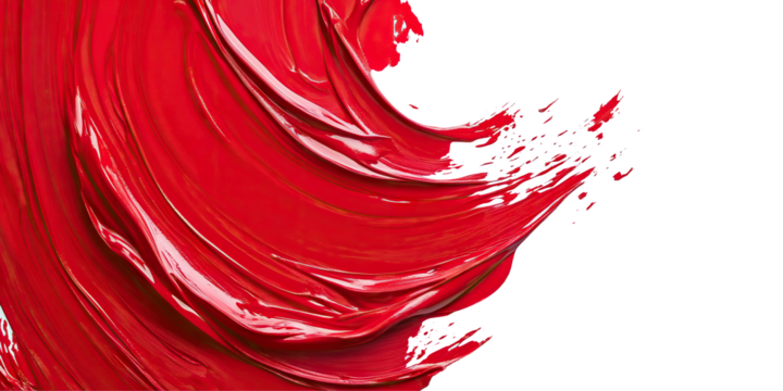 Bold red paint brushstroke with dynamic texture, isolated on transparent cutout background