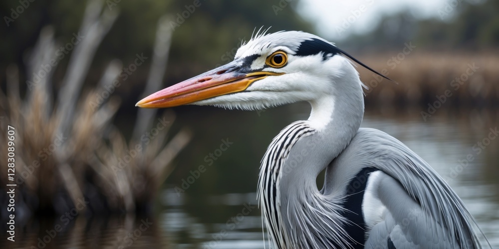 Poster close-up of a grey heron with striking features and sharp beak in natural wetland habitat blurred ba