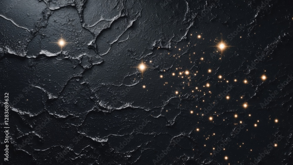 Poster abstract textured black wall with crystalline structure and scattered sparkling light points against