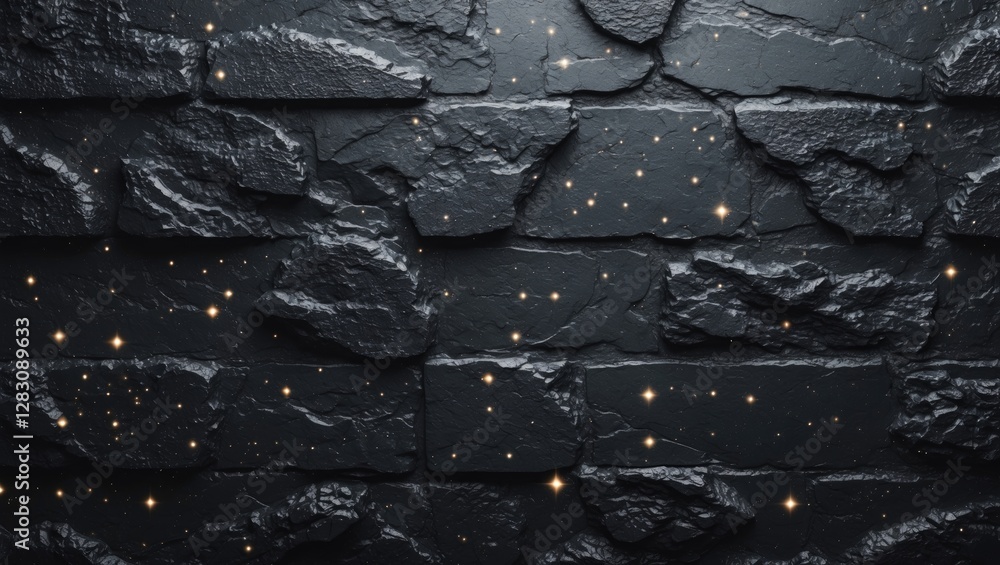 Poster dark textured stone wall background with sparkling star-like elements scattered across the surface.