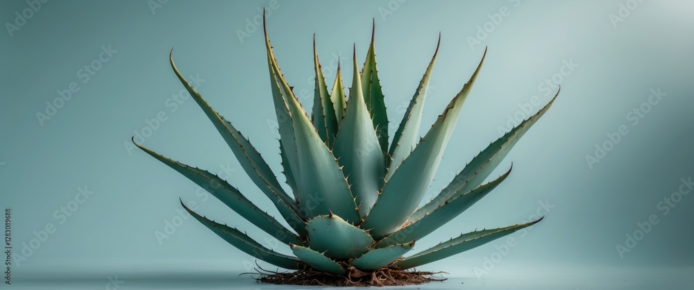 Aufkleber agave plant with sharp leaves on a light blue background displaying natural textures and colors with