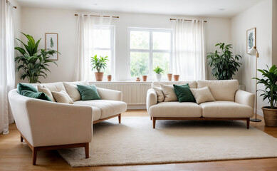 The image shows a modern living room with two white sofas decorated with blue and brown pillows.