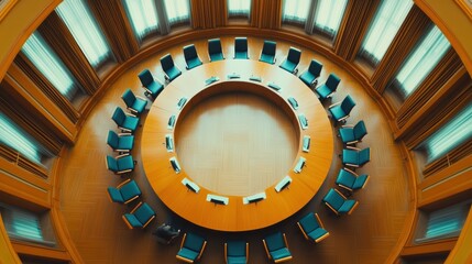 A legislative hall with policymakers reviewing education reforms. Featuring equality and opportunity