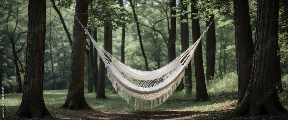 Aufkleber hammock hanging between trees in a tranquil forest setting with natural green foliage and dappled su
