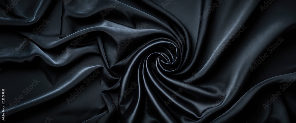Poster black satin fabric draped in a spiral pattern with soft texture and shadows creating depth and contr