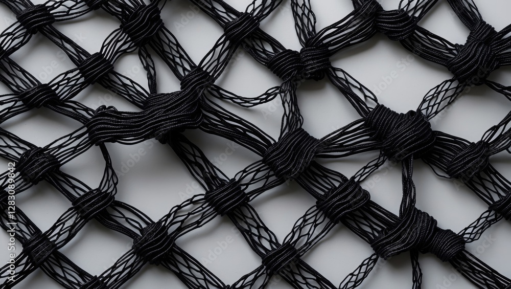 Poster black mesh netting texture with interwoven lines and knots on a neutral background