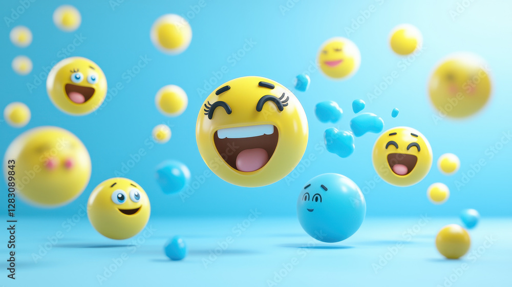 Poster 3d emojis floating in a high-tech workspace with a digital blue background