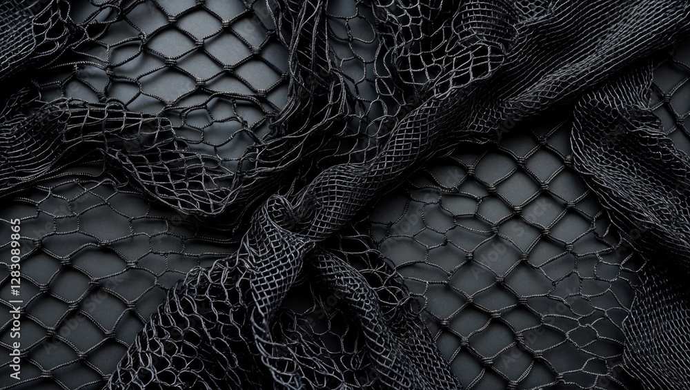 Poster black fishnet fabric texture with intricate patterns folded on a dark background